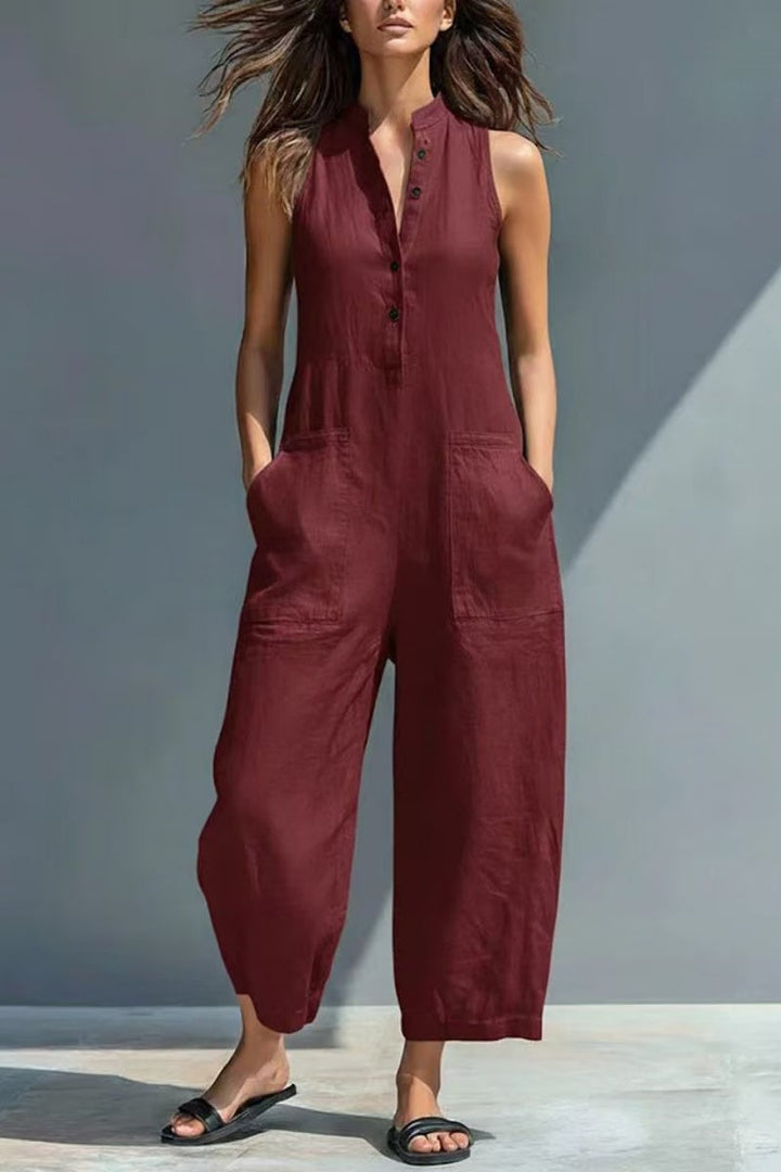 Eloïse™ | Combinaison minimaliste sans manches pour femme, avec col montant et patte boutonnée