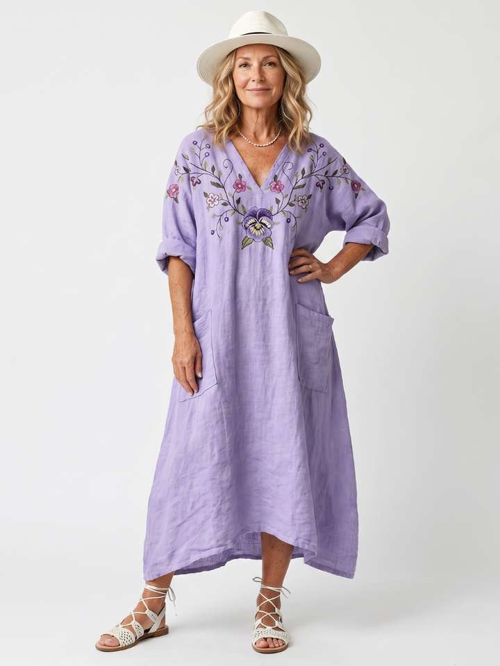 Tavi | Robe Midi Oversize à Poches avec Broderie Florale