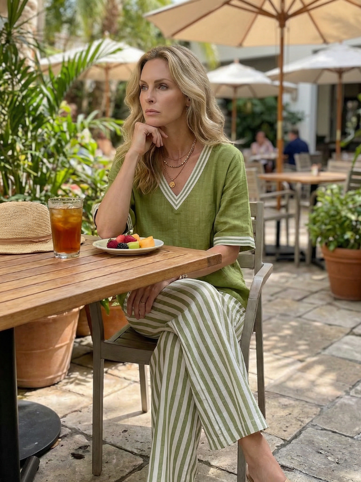 Wren | Ensemble tunique à col en V contrasté et pantalon à rayures