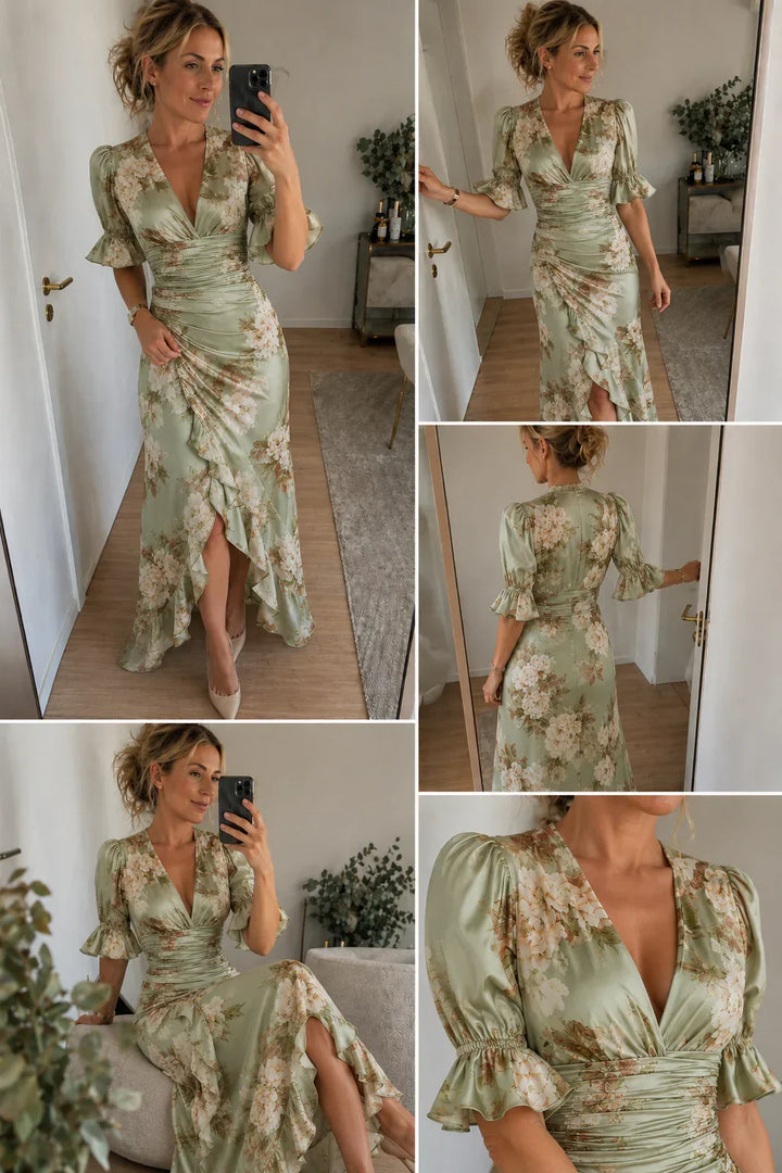Lucía | Robe longue asymétrique en satin avec imprimé floral