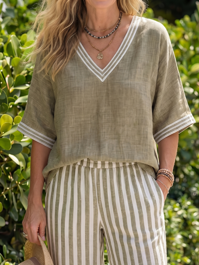 Wren | Ensemble tunique à col en V contrasté et pantalon à rayures