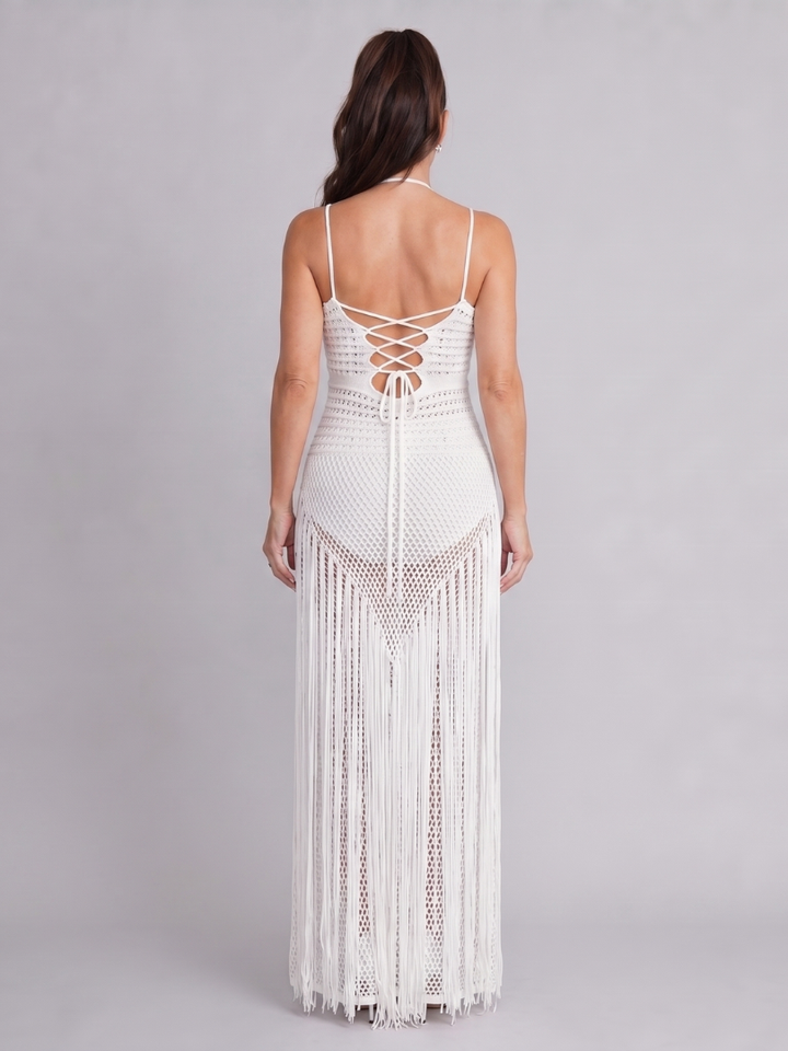 Zephyra | Robe Maxi à Décolleté Halter et Détails en Frange