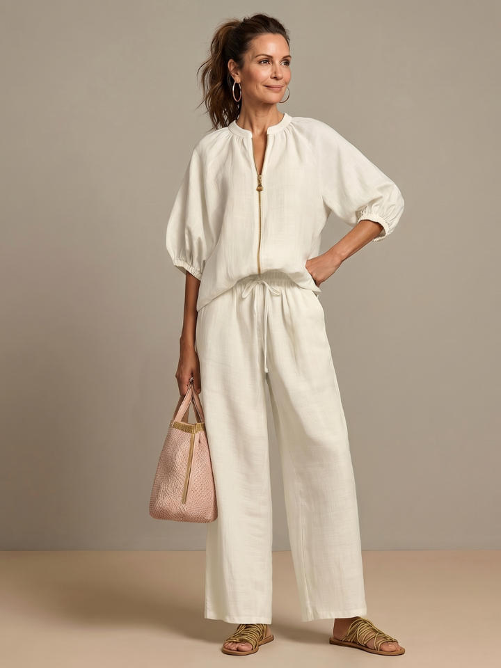Natalia | Haut Blouson à Zip Avant Ensemble Pantalon Large