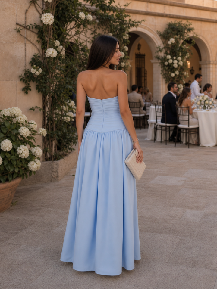Zelene | Robe midi à corsage froncé sans bretelles