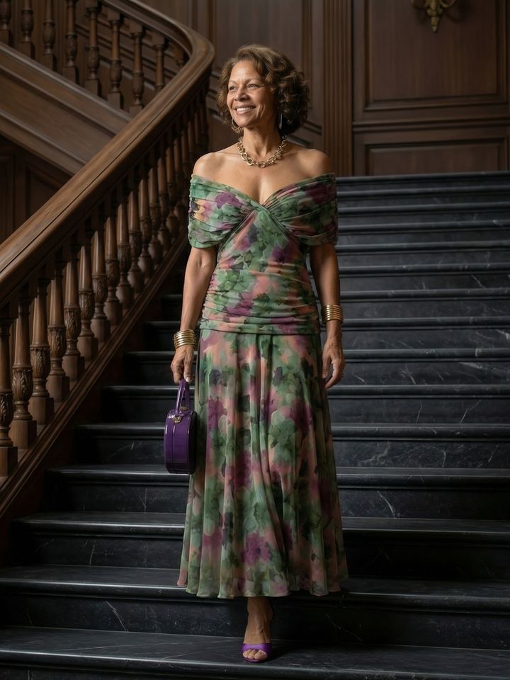 Calen | Robe Midi Décontractée à Épaule Dégagée