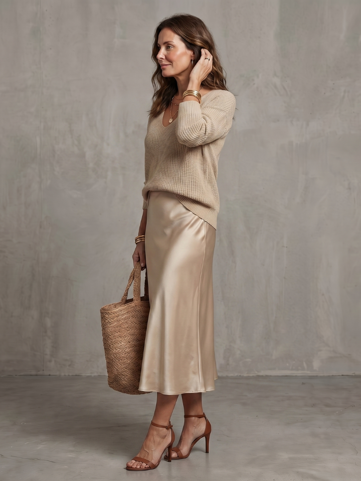 Luciana | Ensemble Jupe Satinée Biais et Pull Tricoté