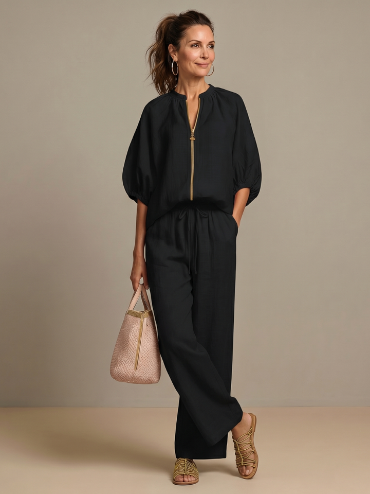 Natalia | Haut Blouson à Zip Avant Ensemble Pantalon Large
