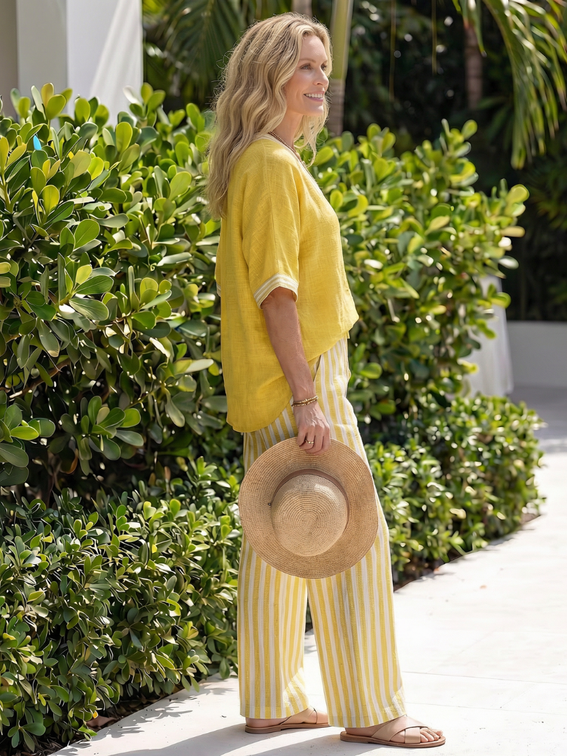 Wren | Ensemble tunique à col en V contrasté et pantalon à rayures