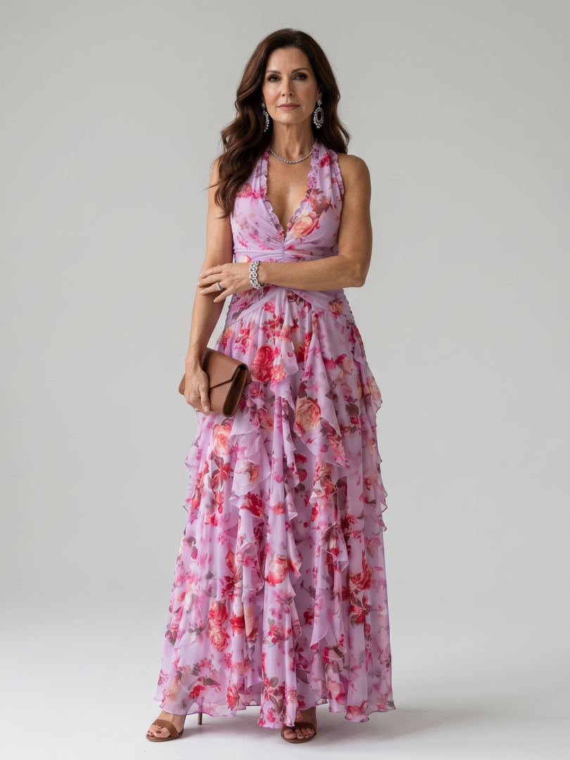 Nori | Robe Maxi Fleurie à Décolleté Halter Froncé