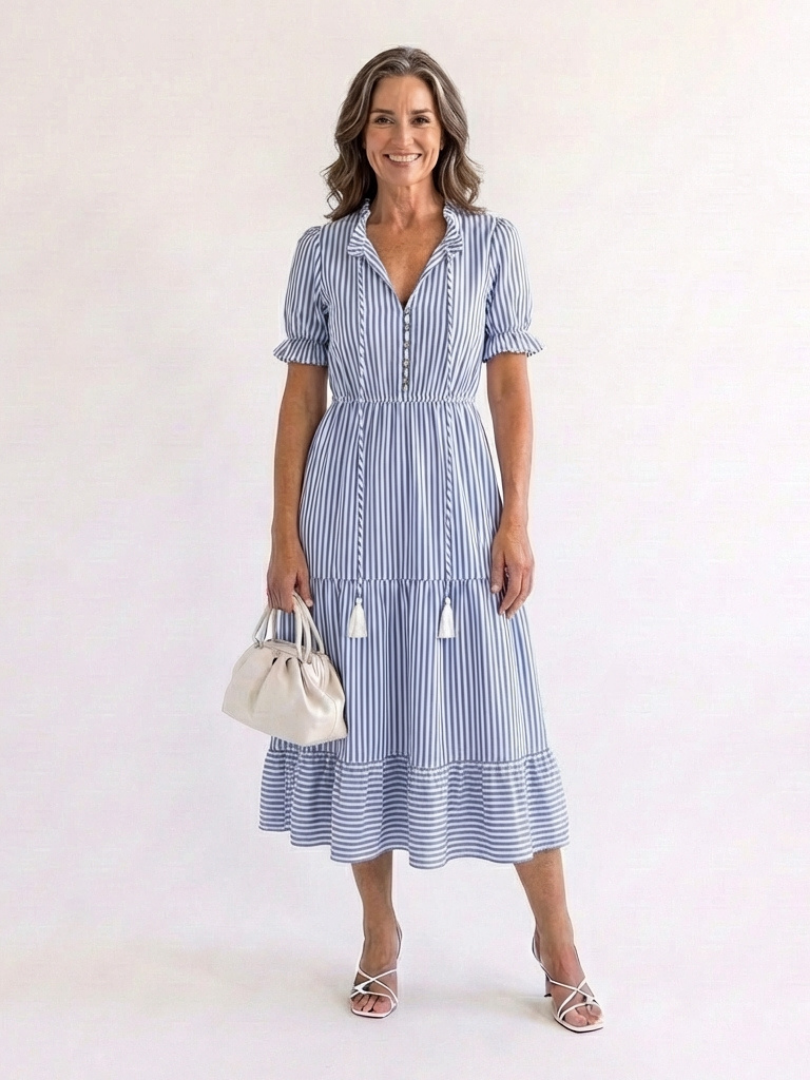 Dakota | Robe Midi à Manches Courtes Rayée à Volants