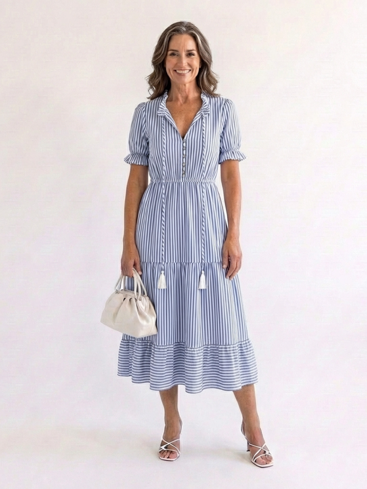 Dakota | Robe Midi à Manches Courtes Rayée à Volants