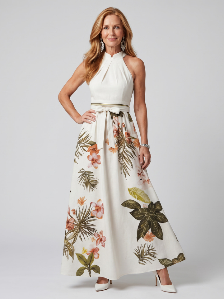 Meadow | Robe maxi à panneaux botaniques drapée à col halter
