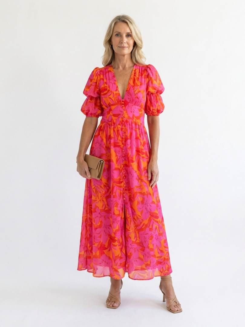 Willow | Robe Midi à Manches Bouffantes et Col V Floral