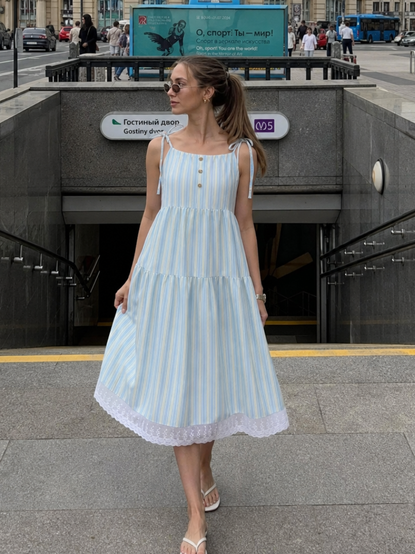 Nathalia | Robe Midi à Bretelles Lien Sans Manches à Rayures