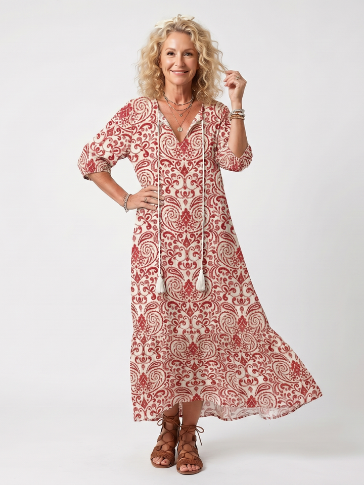 Noelle | Robe Midi à Imprimé Ornate avec Liens à Franges