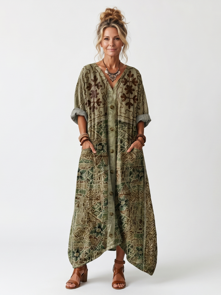 Aleta | Robe midi oversize à poches brodées et bouton sur le devant