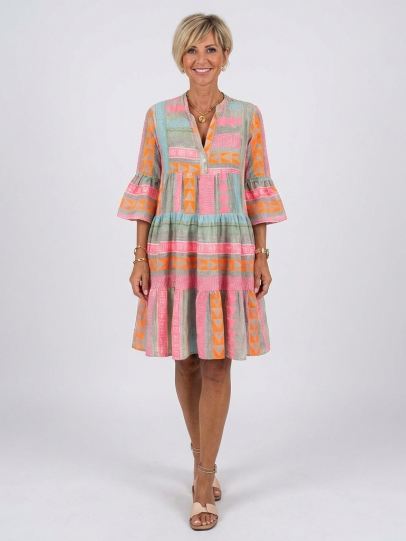 Maelle | Robe à Imprimé Géométrique avec Décolleté en V et Jupe Étagée à Longueur Genou