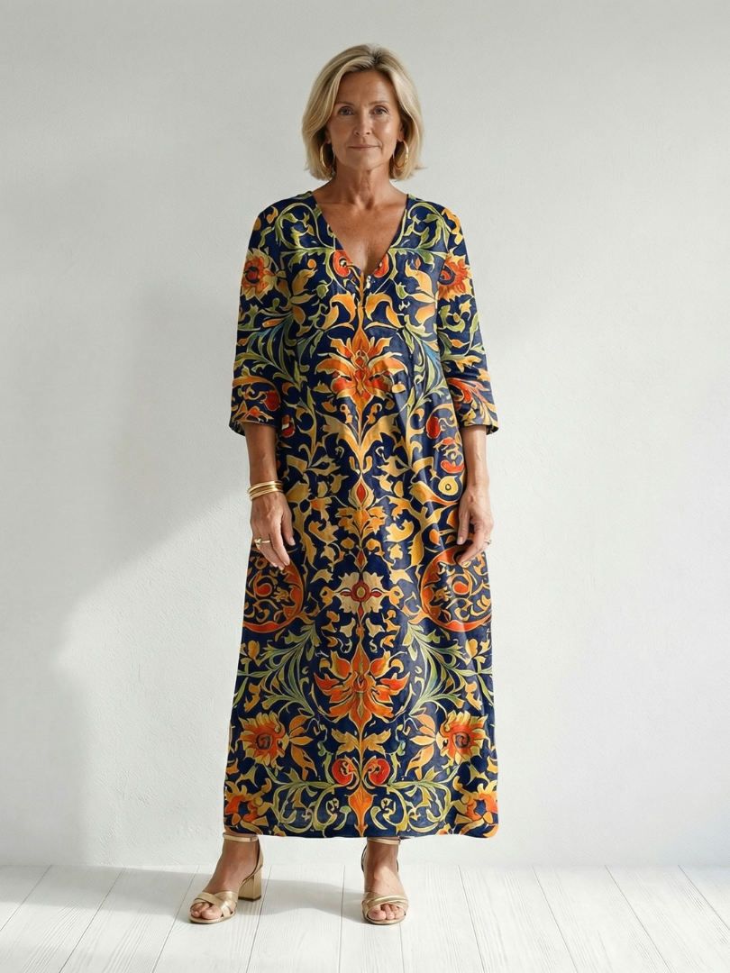 Elise | Robe Midi Florale Ornée et Épurée