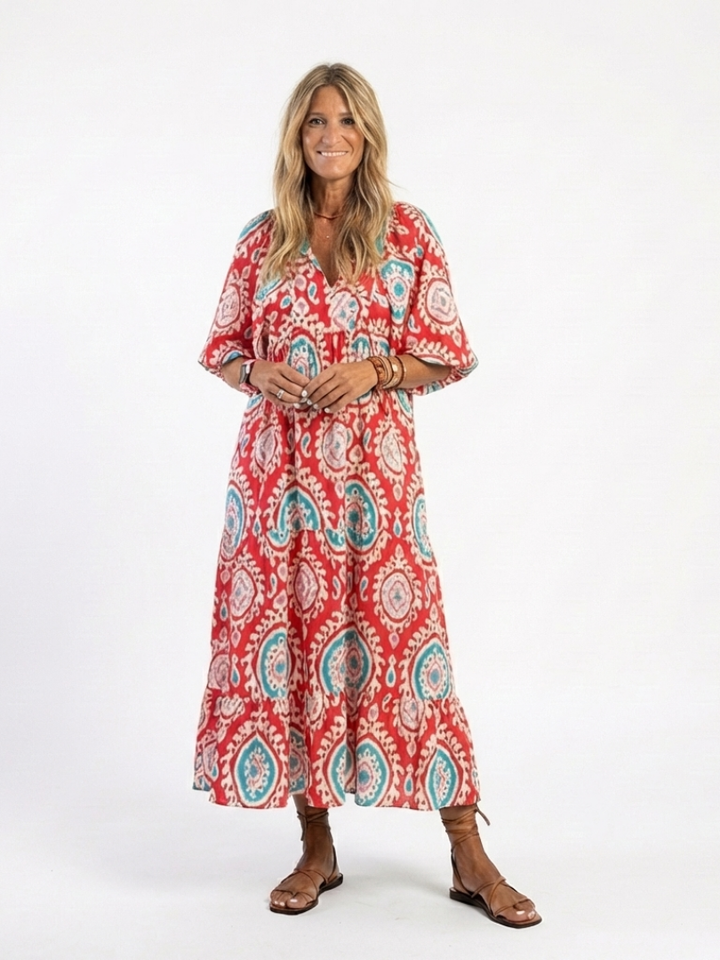 Zaria | Robe midi à manches courtes en V imprimé Paisley