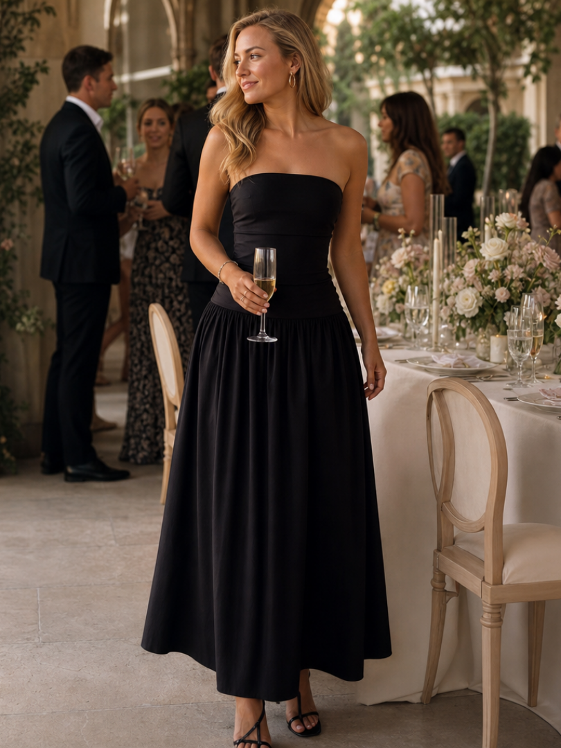 Zelene | Robe midi à corsage froncé sans bretelles