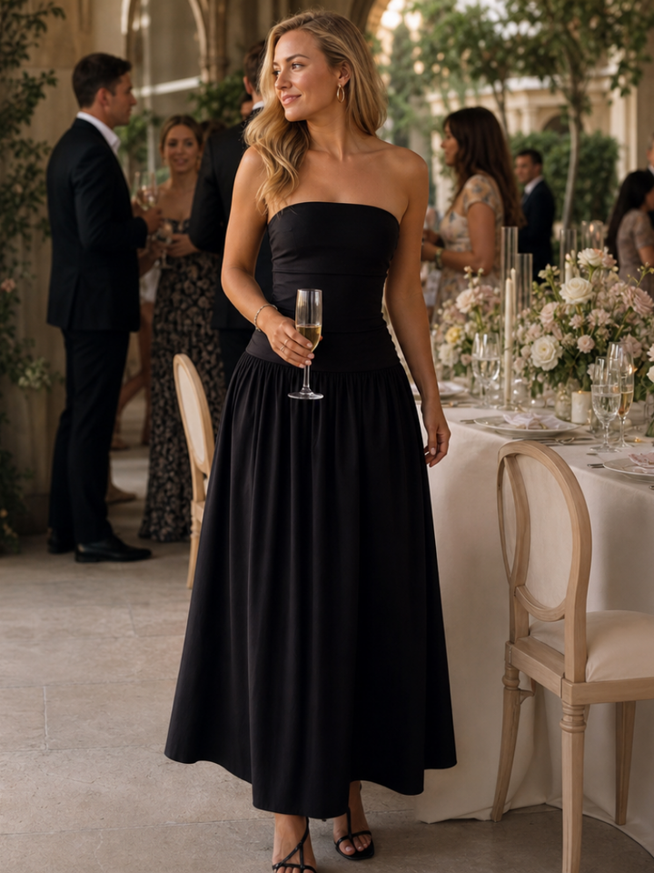 Zelene | Robe midi à corsage froncé sans bretelles