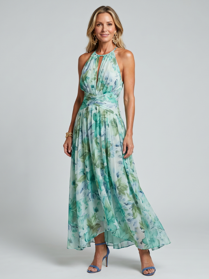 Portia | Robe Midi à Bretelles Plissées avec Motif Floral Doux