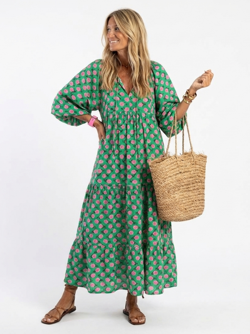 Fiora | Robe midi à volants avec imprimé floral en V