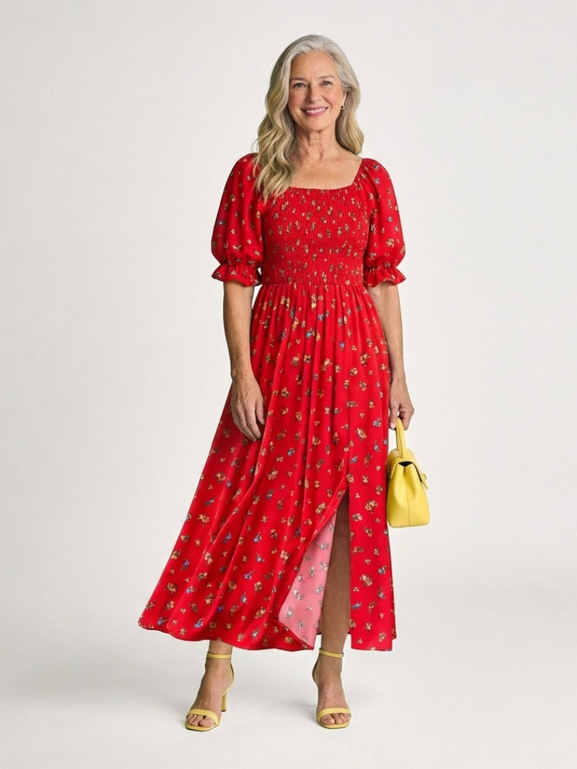Delphine | Robe Midi à Manches Bouffantes et Décolleté Carré