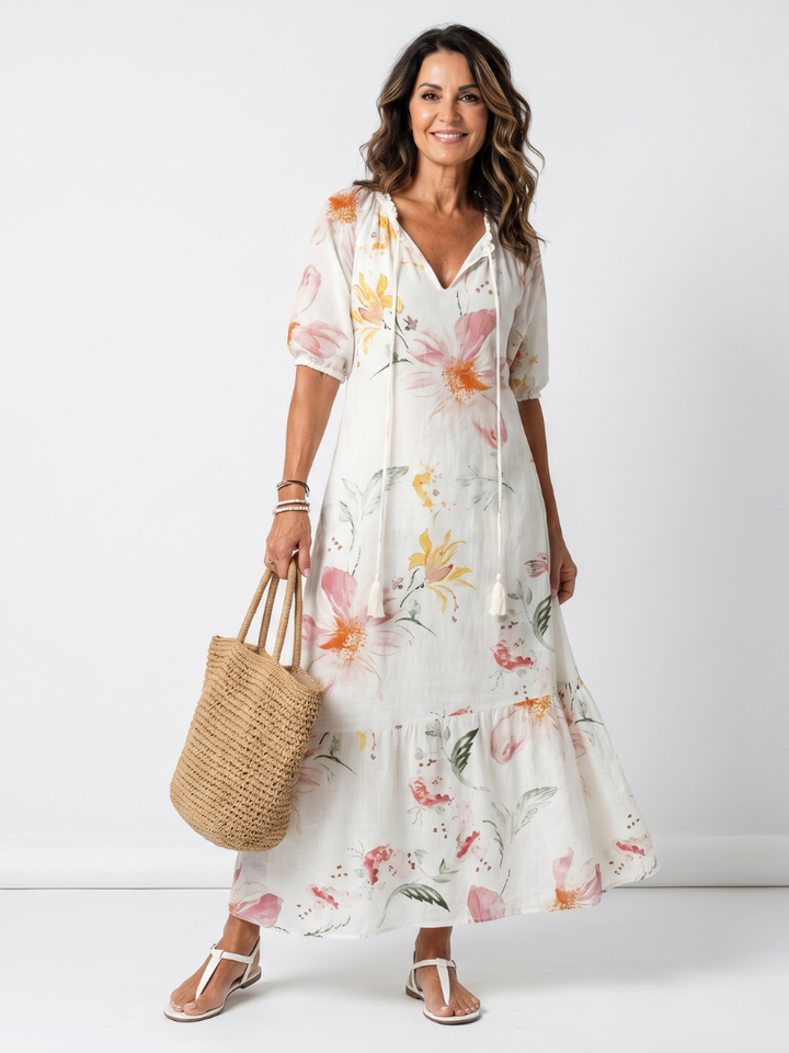 Noa | Robe Midi à Volants Florale Douce avec Franges