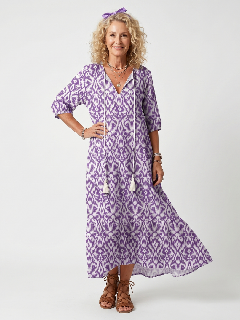 Pénélope | Robe midi à imprimé et liens à franges