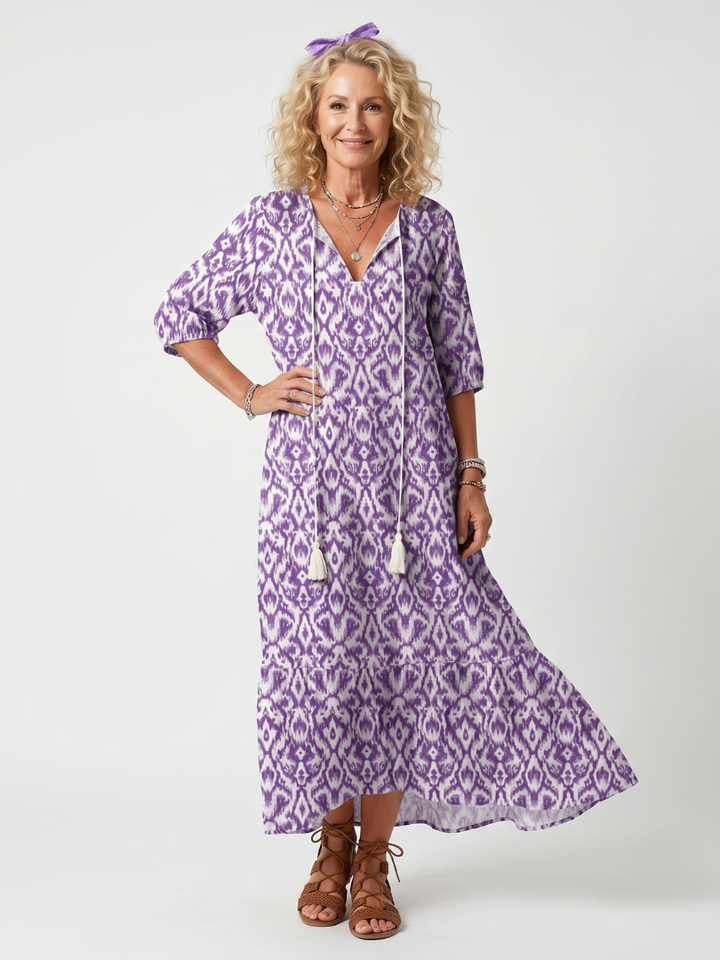 Pénélope | Robe midi à imprimé et liens à franges