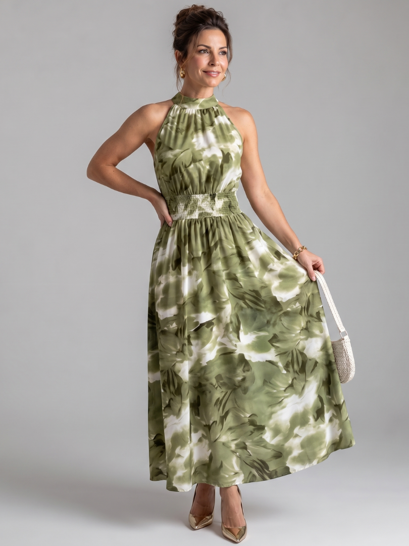 Olivia | Robe midi à taille froncée et imprimé abstrait