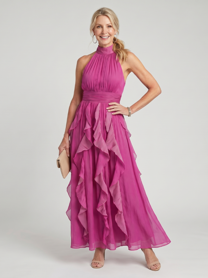 Orea | Robe Maxi à Encolure Haute avec Volants Rassemblés