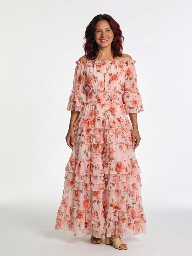 Rosalie | Robe Maxi à Volants Fleurs Décolleté Bardot