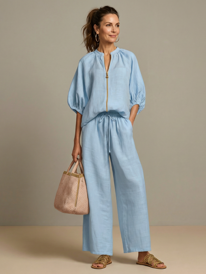 Natalia | Haut Blouson à Zip Avant Ensemble Pantalon Large