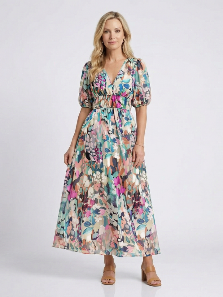Eulalie | Robe midi à manches courtes et taille froncée en V