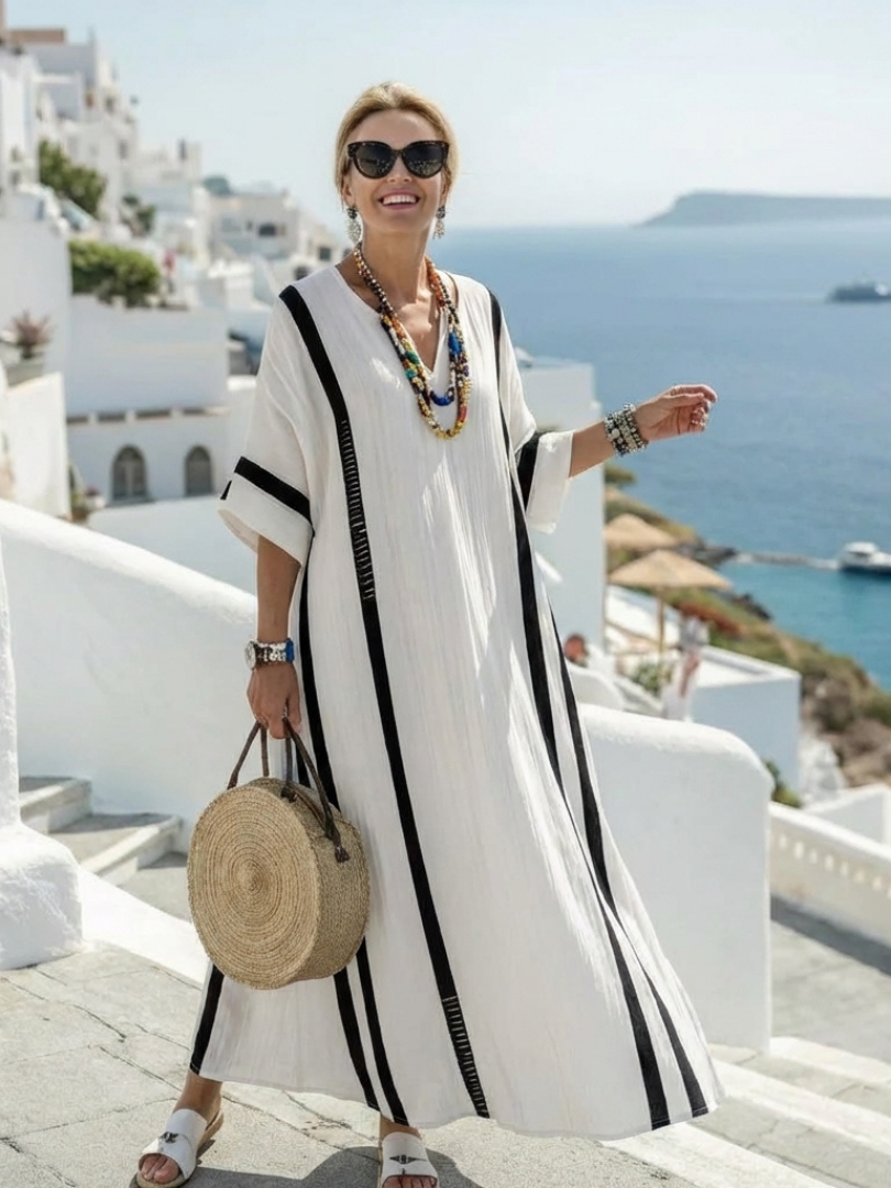 Elvienne | Robe Maxi à Manches Courtes en Blocs de Couleurs Rayée