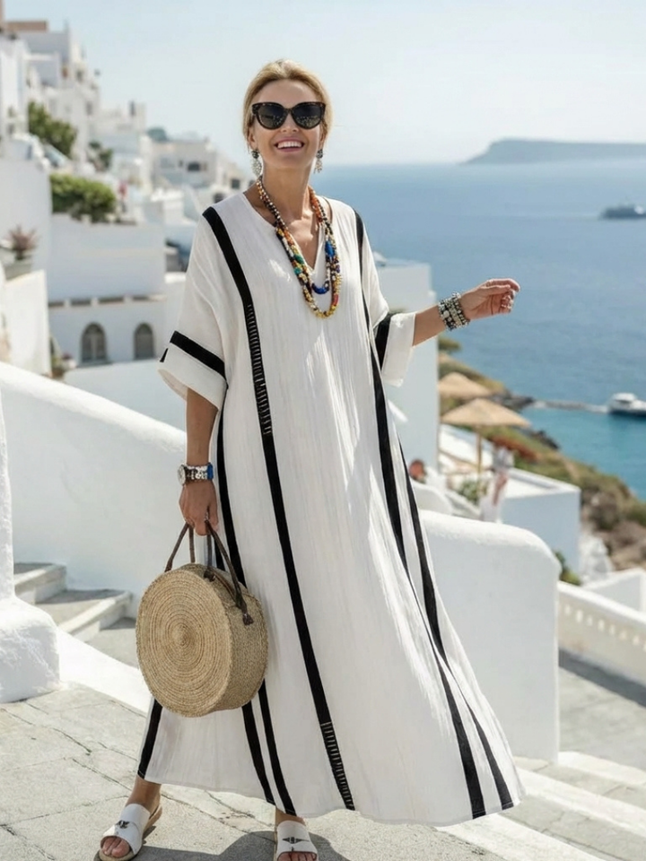 Elvienne | Robe Maxi à Manches Courtes en Blocs de Couleurs Rayée
