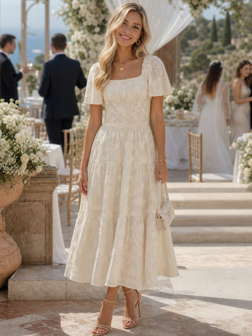 Elaria | Robe midi à manches courtes avec détails floraux texturés