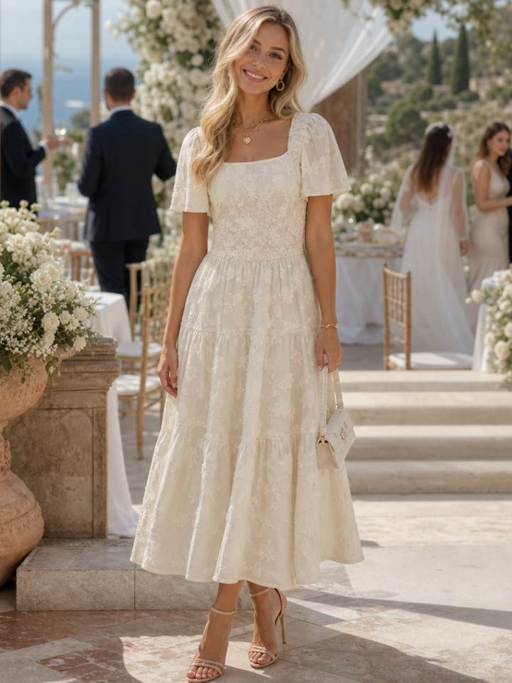 Elaria | Robe midi à manches courtes avec détails floraux texturés