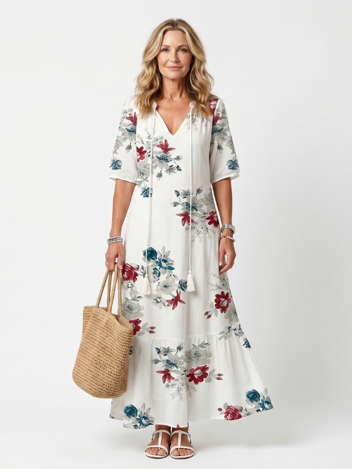 Maeva | Robe Midi à Fleurs Éparpillées avec Franges