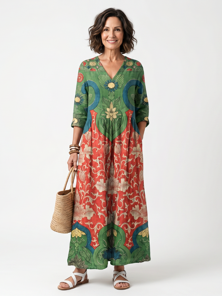 Sloane | Robe Midi à Imprimé Mixte avec Col V et Poches