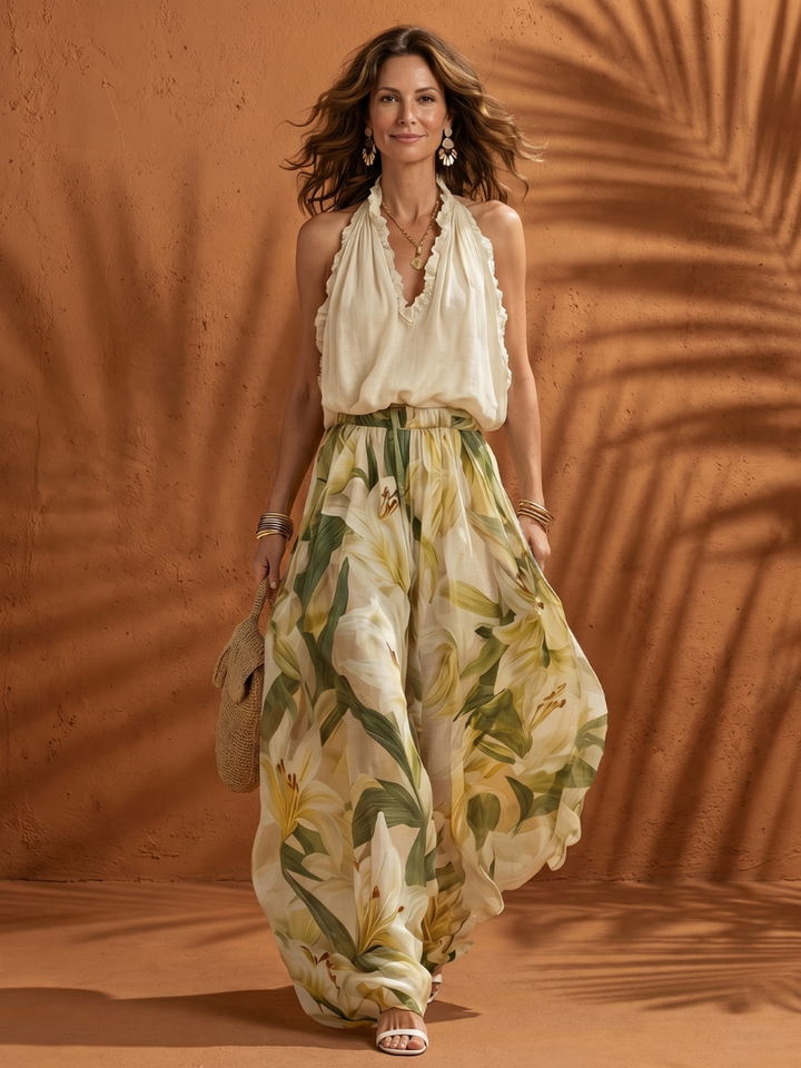 Solange | Ensemble Blouse à Col Halter et Pantalon Large à Fleurs