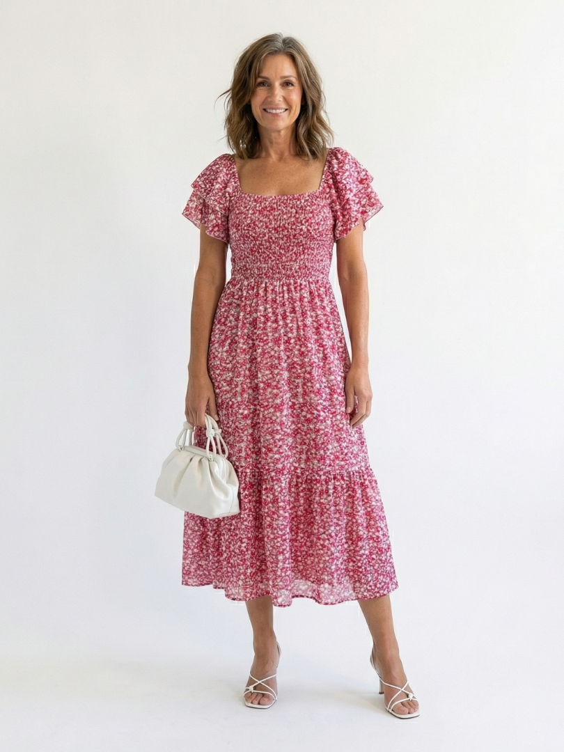 Odette | Robe Midi Smockée à Fleurs à Épaule Dégagée