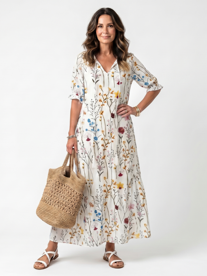Sylvie | Robe Midi à Imprimé Botanique avec Liens à Franges