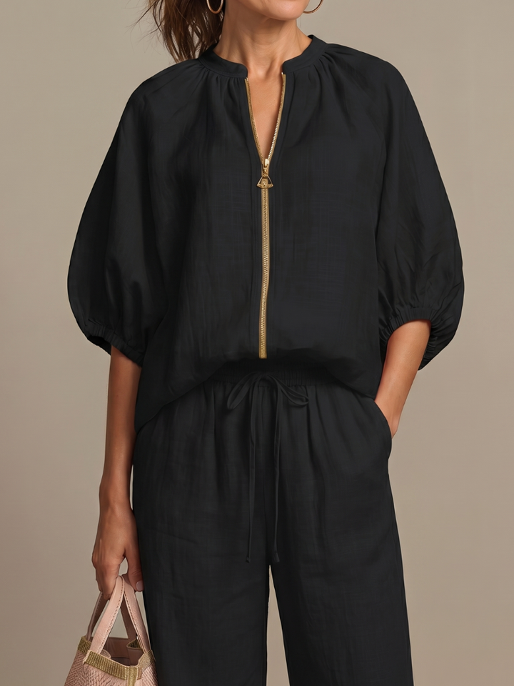 Natalia | Haut Blouson à Zip Avant Ensemble Pantalon Large