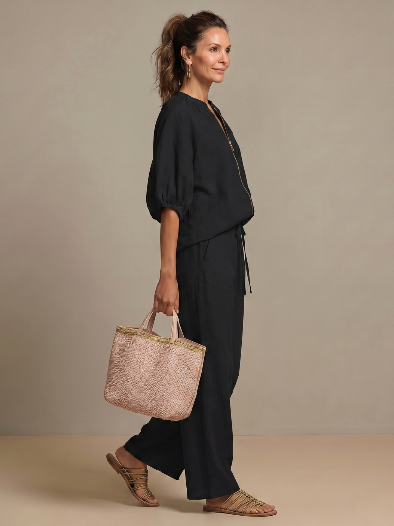 Natalia | Haut Blouson à Zip Avant Ensemble Pantalon Large
