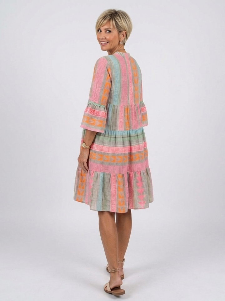 Maelle | Robe à Imprimé Géométrique avec Décolleté en V et Jupe Étagée à Longueur Genou