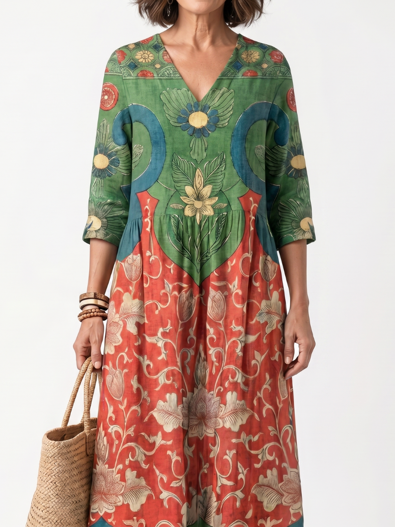 Sloane | Robe Midi à Imprimé Mixte avec Col V et Poches