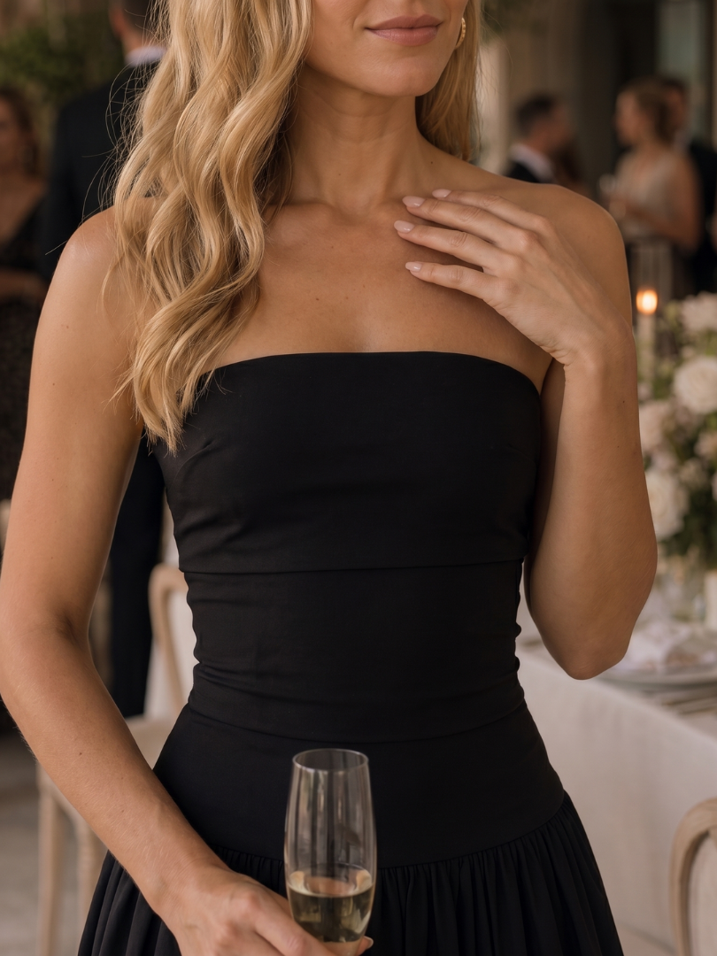 Zelene | Robe midi à corsage froncé sans bretelles